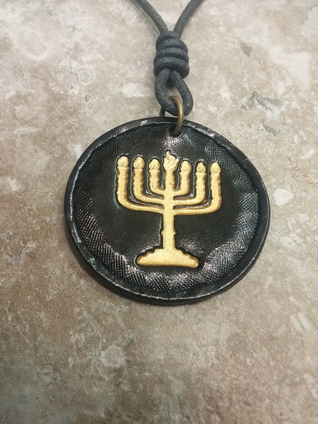 Gold MENORAH on Black Leather Necklace Jewish Menorah Pendant Judaica