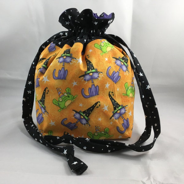 Project Bag for Knitting, Small Drawstring Pouch, Fabric Lined Purse, Perfect Sock Bag, Kids Gift, Daughter Birthday,Halloween Cat  and Frog