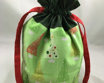 Project Bag for Knitting, Small Drawstring, Tote Bag, Travel, Toiletry, Make-Up, Kids Purse, Gift- Modern Christmas Trees with Green Accent