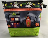 Project Bag for Knitting, Zipper Pouch fits Sock to Shawl Project, Travel Organizer, Artist Storage,  Glow In The Dark Haunted Houses