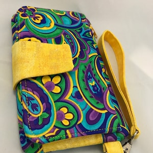 Cartera de mano con perlas, elegante cartera de mano, regalo para dama de honor, regalo único, diseño de cachemira amarillo, azul y morado.