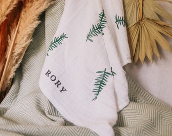 Personalised Fern Hand Printed Muslin Cloth/ Swaddle Blanket - new baby gift, Easter gift, floral, baby shower, botanical, baby announcement