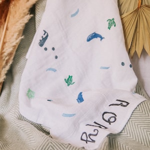 Personalised Under the Sea Hand Printed Muslin Cloth/ Swaddle Blanket - summer new baby gift, lbaby shower, baby announcement