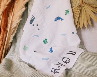 Personalised Under the Sea Hand Printed Muslin Cloth/ Swaddle Blanket - summer new baby gift, lbaby shower, baby announcement