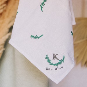 Personalised Hand Printed Olive Branch Linen Napkin - bespoke napkin, Isabella Mai-de, new home gift, wedding table setting, couples gift, furoshiki
