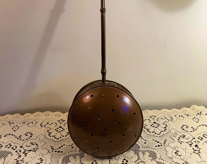 Antique Copper Bed Warmer With Long Brass Handle, Hand Made