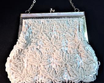 Vintage White Beaded Purse with Gold Frame and Mother of Pearl Top - Gold Chain Strap and Snap Closure - 1960's Evening Bag - Bridal Purse