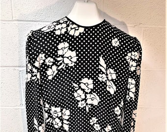 1980's Julie Francis SIZE 6 Black w White Polka Dots & Roses Layered Bottom 100% Silk Dress w Underskirt, 1980s Retro Dress, Vintage Fashion
