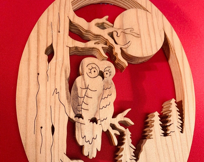 Vintage Carved Wooden Owl Sitting in Tree Under Full Moon Wall Hanging