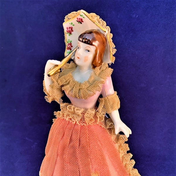 Vintage Japan Porcelain Lady w Parasol in Lace Dress, Hand Painted 1950's Japan Lace Figurine Holding Umbrella, Pink Lace Dress Collectible
