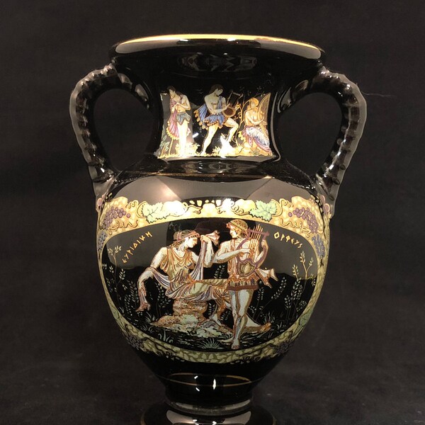 Vintage Greek Urn Handmade in Greece 24K Gold - Figural Scene in Color - Black w Gold Greek Vase - Man & Woman Playing Instruments - Gazelle