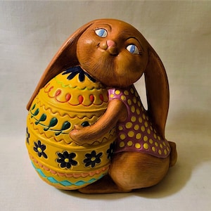 Long Floppy Eared Ceramic Bunny Figurine Holding Large Easter Egg, Lop Eared Ceramic Rabbit, Vintage Easter Decoration, Colorful Egg, Retro