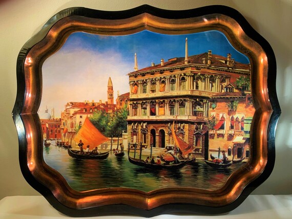 Large 22 Black Metal Tole Tray W Beautiful Picture of - Etsy