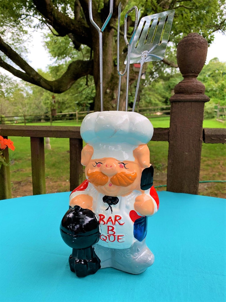 Vintage Bar B Que Chef Pig Out Utensil Holder French Chef Etsy