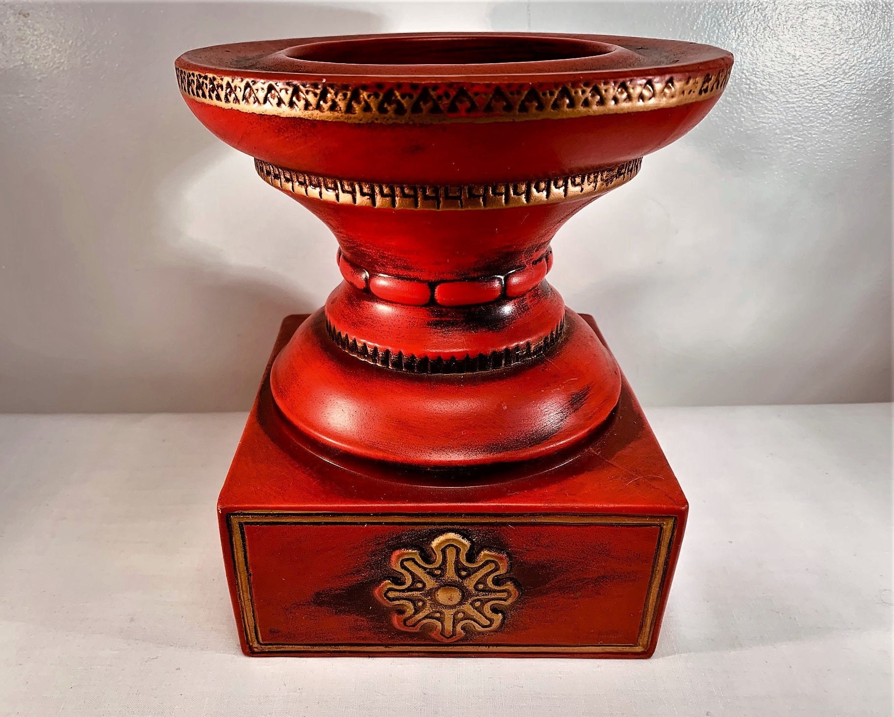 Vintage Large Pedestal Red Pillar Candle Holder With Gold Etsy