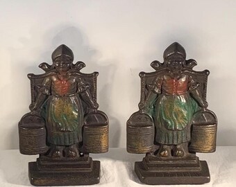 Antique Dutch Girl Cast Iron Milk Maid Carrying Water Buckets Bookends 1930's
