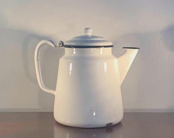 Vintage White and Black Enamelware Coffee Pot Decor