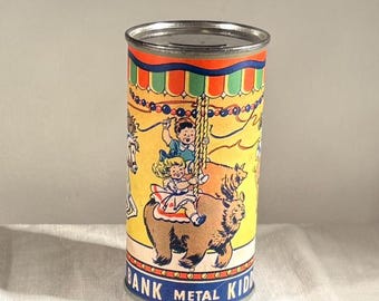 Vintage Metal Kiddie Coin Bank Merry Go Round Circus Tin