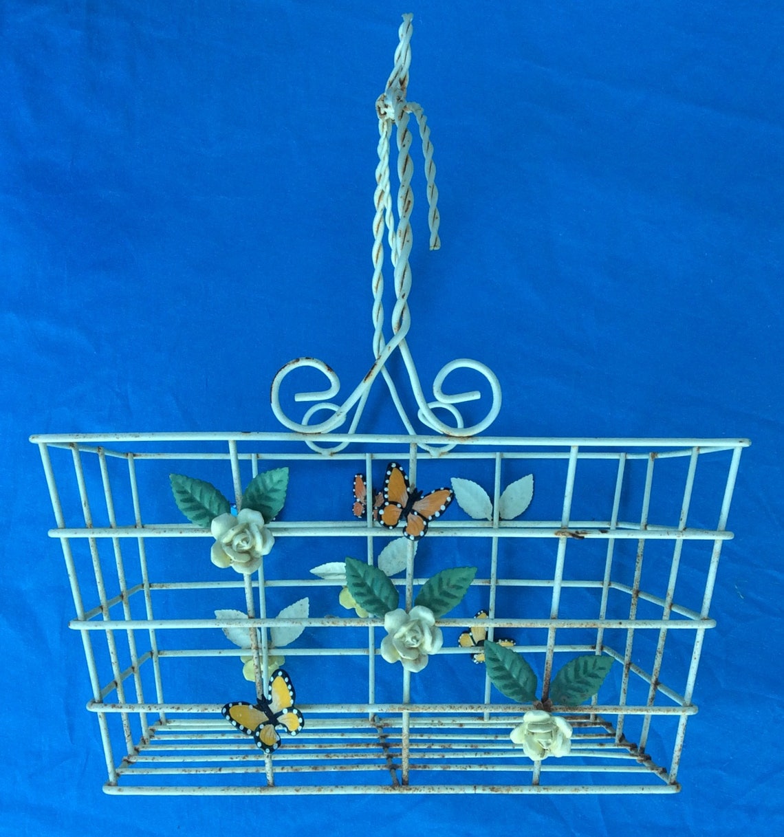 Vintage White Metal Shabby Chic Basket With Flowers and Etsy