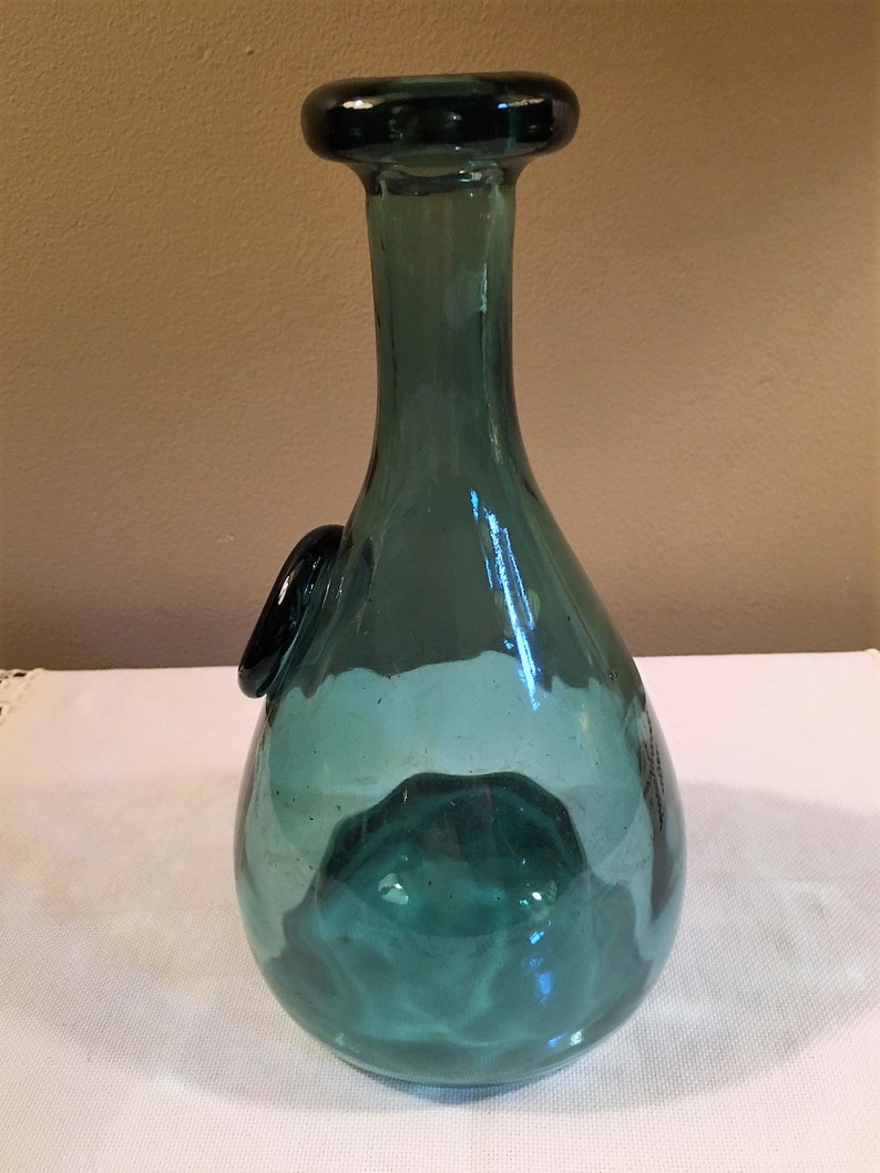 Applied CE Crown Shove Up Kick Up Bottom Carved Inward Holmegaard Elsimore Danish BlueGreen Glass Wine Carafe Push Up Punt Bottom