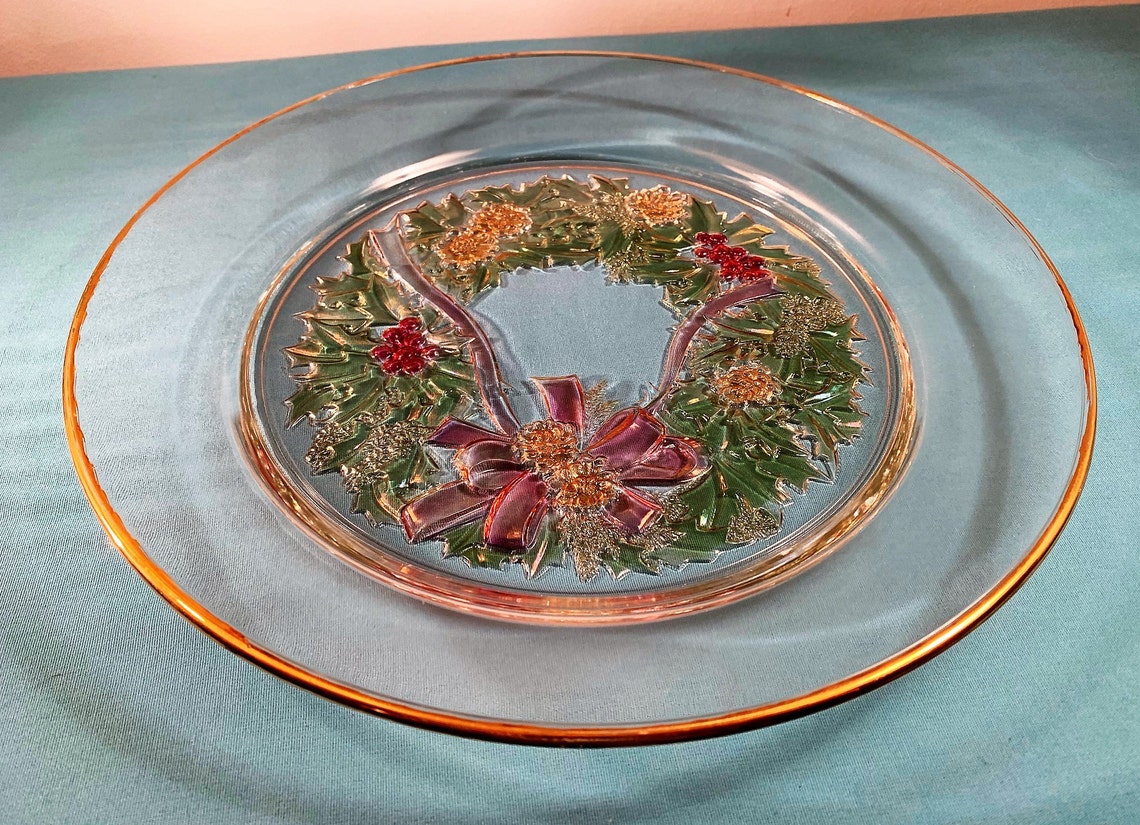Vintage Large Glass Decorative Christmas Plate With Pastel Etsy