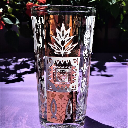 Clear Glass w Gold Folk Art Roosters shops Pitcher & 6 Glass Set, Pitcher and Tumblers, Mid Century Drinking Set, Applied Handle, Folded Spout