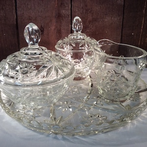 Vintage Anchor Hocking Pressed Glass Star of David Cake Plate, Creamer & Sugar and Lidded Candy Dish - Prescut Glass - Retro Glass