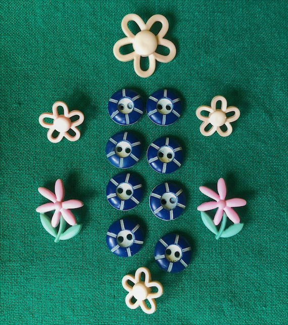 Vintage Miscellaneous Plastic Buttons-6 Pink and Yellow Flower Buttons-8 Blue with White Spoke Buttons-Retro Fashion-Mid Century Sewing
