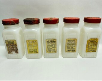 Griffiths' Red Capped Milk Glass Spice Jars With Wooden Rack, Set