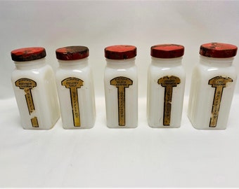 Griffiths' Red Capped Milk Glass Spice Jars With Wooden Rack, Set