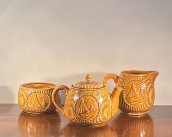 Vintage 3 Pce. 1930's Nautical Sailboats Japan Butterscotch Pottery Boat Pitchers