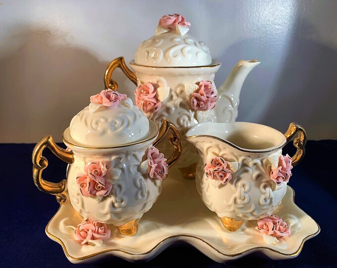 Vintage 6 Piece Ivory Porcelain Tea Set W Applied Pink Rosettes and