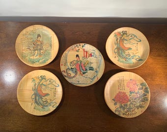 Bamboo Plates Landscape Traditional Chinese Women 6" Vintage Taiwan