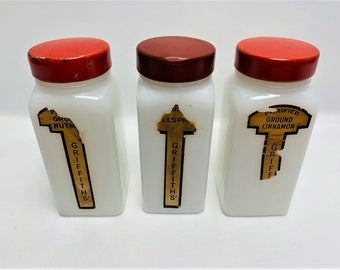 Griffiths' Red Capped Milk Glass Spice Jars With Wooden Rack, Set