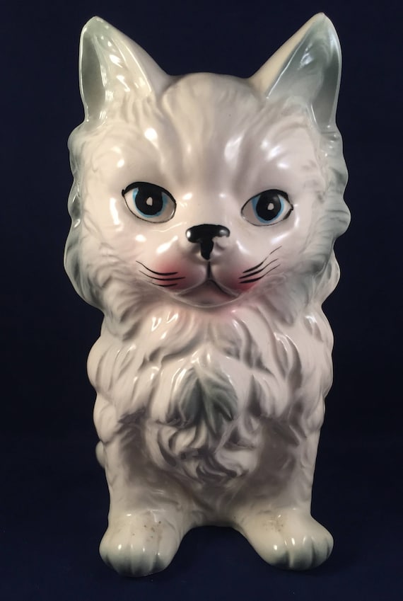 Chat Blanc Et Gris Moelleux Vintage Planteur Aux Yeux Bleus Cadeau Pour Les Amoureux Des Chats Made In Japan Délice Chat Collector
