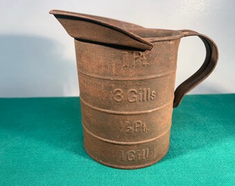 Vintage Handmade Tin Gill Measuring Cup with Handle