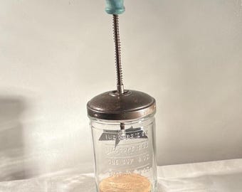 Vintage H. A. Atlas Glass Food Nut Chopper Teal Green Metal Top & Wood  Knob