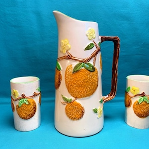 Napcoware Ceramic Mid Century Orange Juice Pitcher w Two Glasses C-6240, 1950s Breakfast Table, Orange Tree w Yellow Blossoms, Retro Kitchen