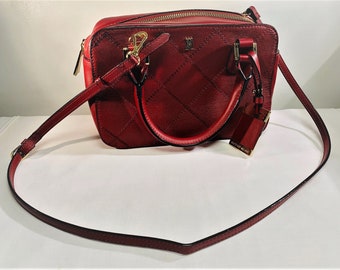 Antonio Melani Deep Red Purse w Detachable Strap and Handles Italian Maroon Bag w Gold Accents Retro Fashion Vintage Satchel Cranberry