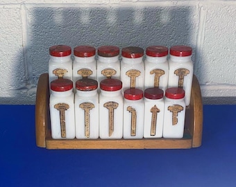 Griffiths' Red Capped Milk Glass Spice Jars With Wooden Rack, Set