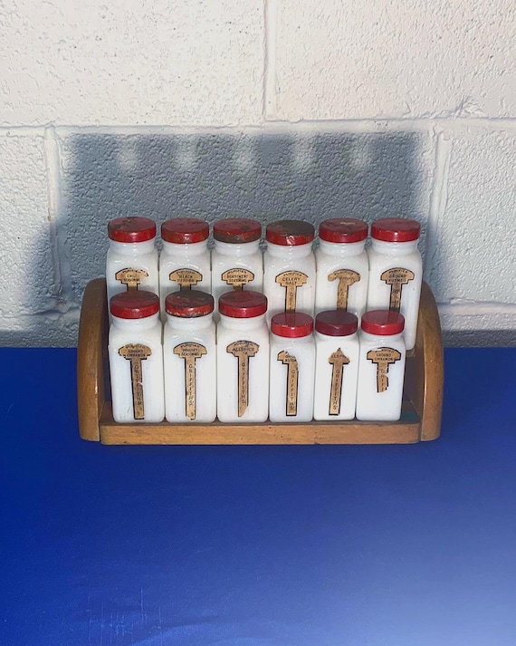 Griffiths' Red Capped Milk Glass Spice Jars With Wooden Rack, Set