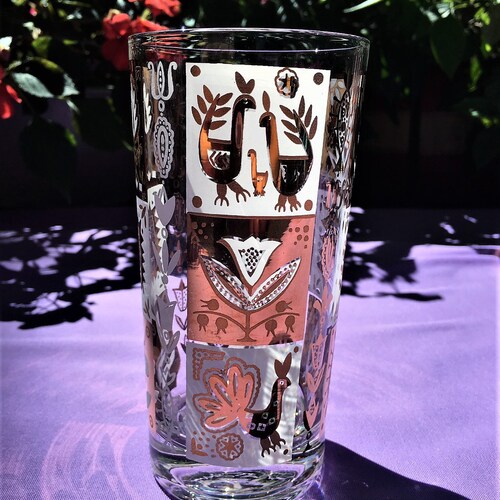Clear Glass w Gold Folk Art Roosters shops Pitcher & 6 Glass Set, Pitcher and Tumblers, Mid Century Drinking Set, Applied Handle, Folded Spout