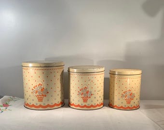 Vintage Tin Canisters Nesting 3- Piece Orange Flowered Country Farm House