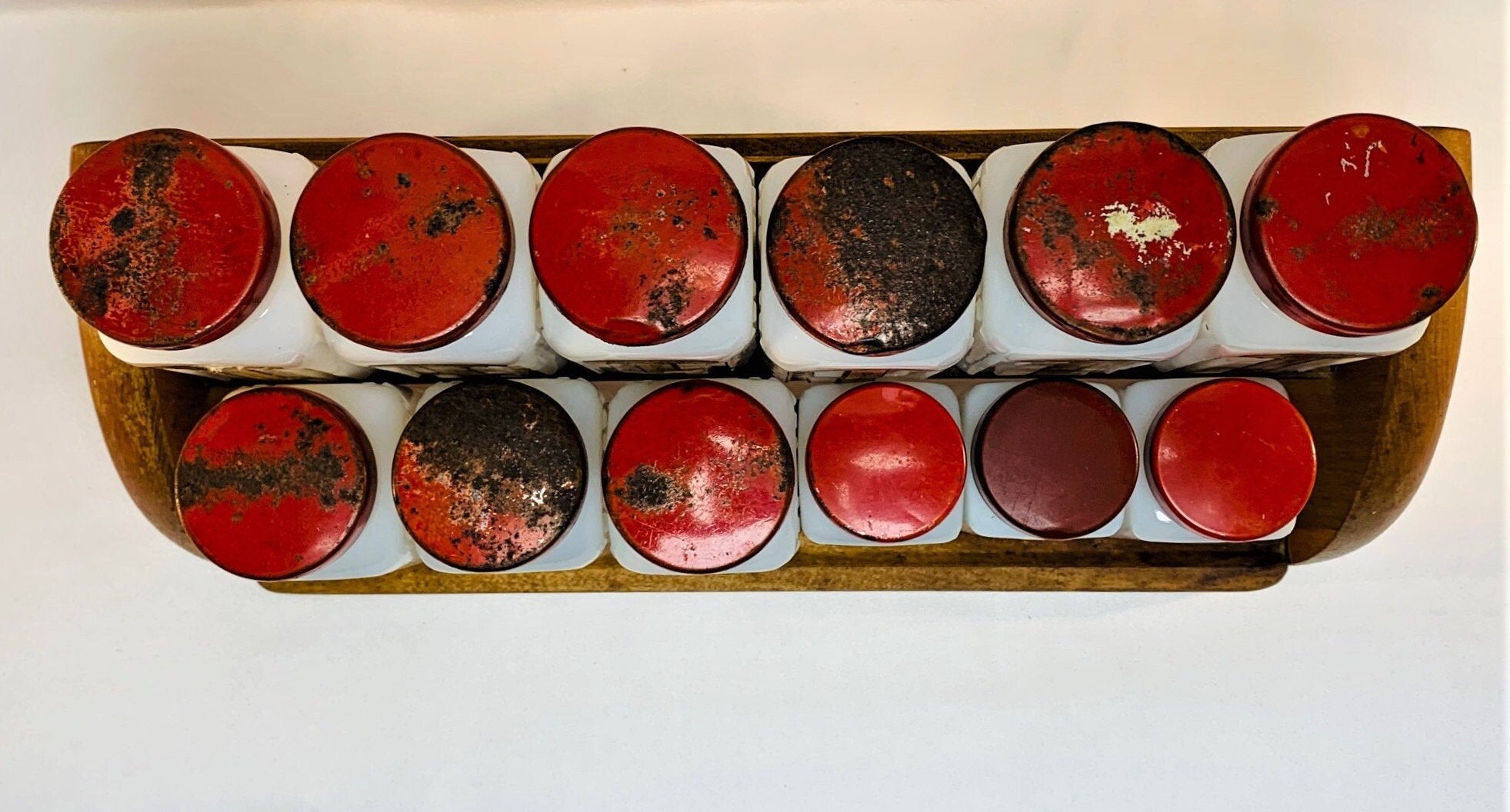 Griffiths' Red Capped Milk Glass Spice Jars With Wooden Rack, Set