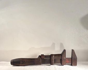 Antique 12" Adjustable Monkey Wrench Wood Handle