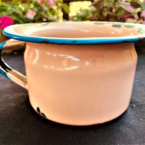 May include: A vintage pink enamelware pitcher with a blue rim and black handle. The pitcher has a chipped rim and some rust spots.