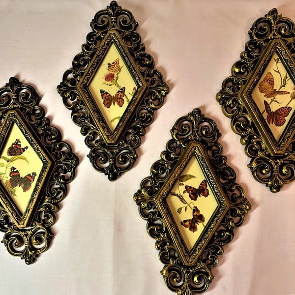 Vintage Butterfly Prints in Diamond Shaped Plastic Black & Gold Ornate Scroll Design Frames Set of 4, Retro Butterfly Wall Art Nature Decor