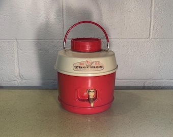 Vintage Poloron Thermex Aluminum Picnic Water Cooler Thermos One Gallon Red w Spout, Vintage Red and White Water Jug, Retro Camping Thermos