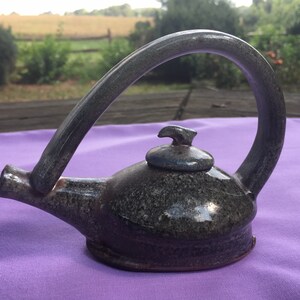 Vintage Stone Clay Mini Decorative Teapot/ Water Pot, Small Gray with Blue Hue Stone Pitcher, Collectible Stoneware, Speckled Design