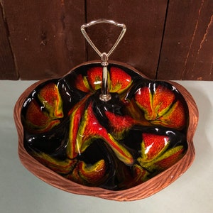 Vintage U.S.A. Orange/Black/Yellow Swirl Divided Snack Dish with Handle-California Pottery USA Dish- Mid Century Divided Candy Dish - Retro
